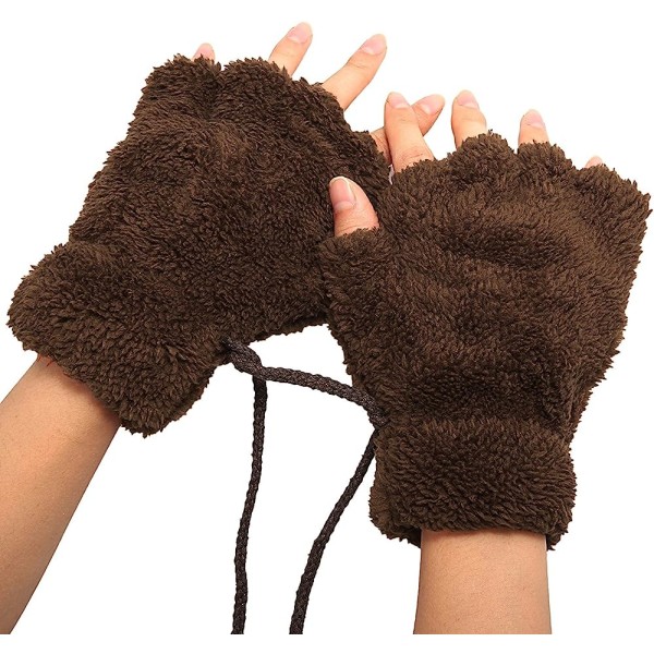 Women Bear Plush Cat Paw Claw Glove Soft Winter Gloves Fingerless Gloves (Brown)