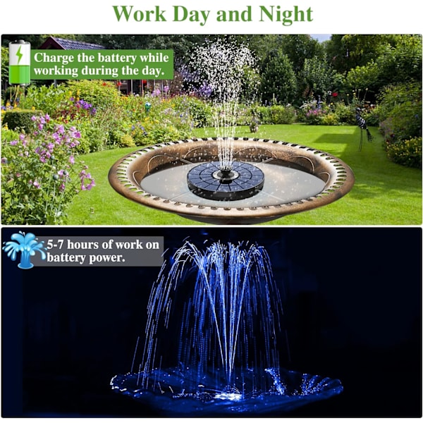 5,5 W utendørs solfontene med fargerike LED-lys og innebygd batteri med 7 dyser for liten dam, fuglebad, akvarium, hagedekorasjon