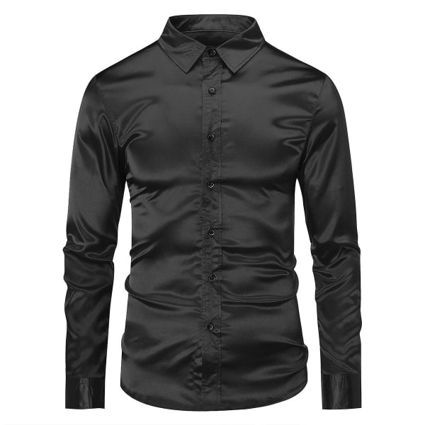 Sliktaa Casual Mode för män glänsande långärmad Slim-Fit formell skjorta Black 2XL