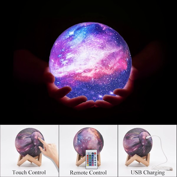 Månelys Galaxy Lys 12CM, 16 farger LED 3D Månelys, fjernkontroll og berøringskontroll nattlys gave