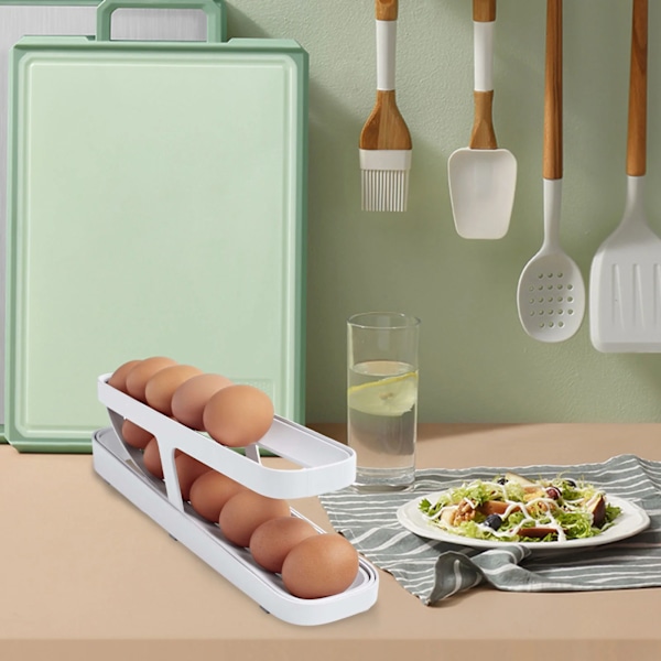 Rullende eggdispenser Kjøleskap Organizers Beholder Oppbevaringsboks Automatisk glidende spiral eggbeholder Hjemmekjøkken Utstyr White