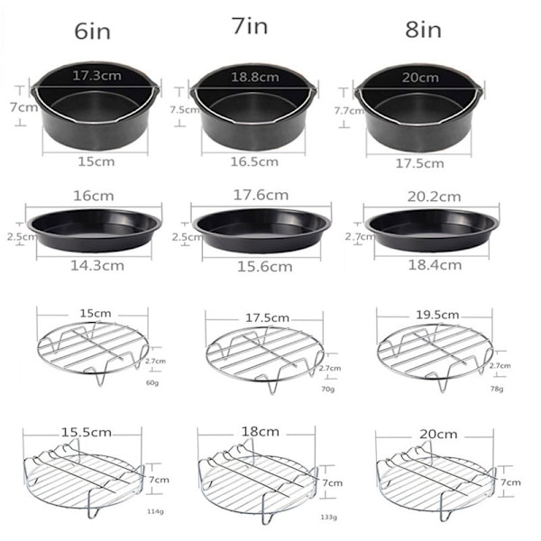Airfryer tilbehør (10 dele) - 6 tommer, Airfryer tilbehør, egnet til 4,0-5,8QT airfryer alle mærker