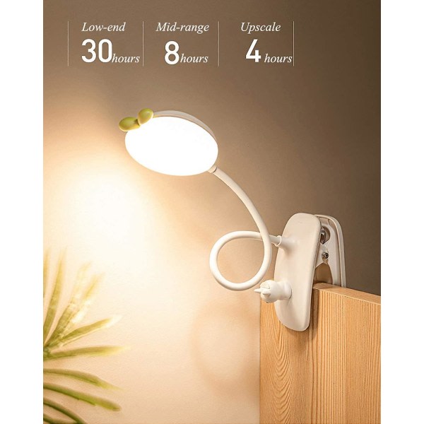 LED oppladningsbar sengeklemme, 3 dimbar, LED-lampe sengelamper for barn, bærebar bokklämma läslampa for sengekantskontor, vit