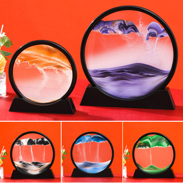 Rörlig sandkonstbild Runt glas 3D 7/12 tum Skrivbordsdekoration med hemmakontorsdekor Röd 12 tum