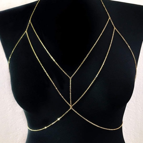 Mode Simple Sexet Belly Chain Halskæde Bikini Wire Harness Up Kvinder og piger Sexet Simple Cross Body Chain (Guld)