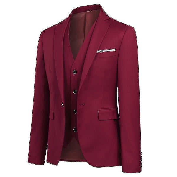 Herredragt Business Casual 3-delt jakkesæt Blazerbukser Vest 9 farver B Mørkerød XS