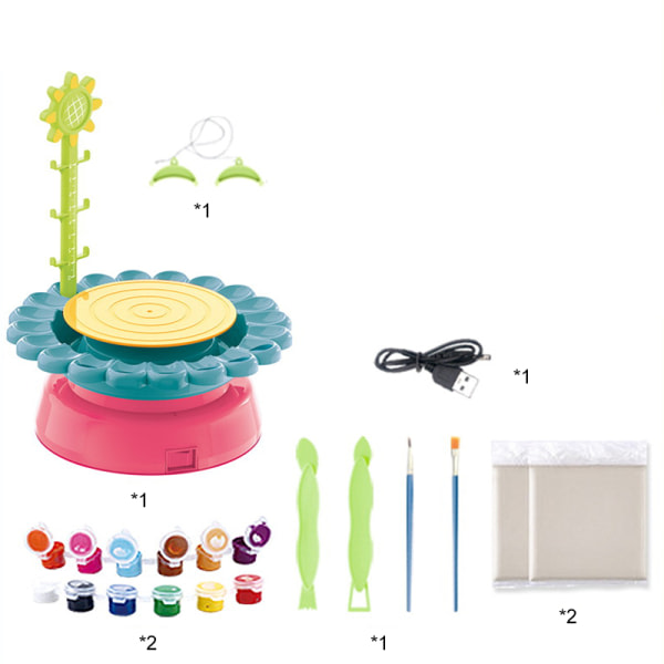 Clay Pottery Wheel Craft Kit Kids Nybörjare USB DIY Keramikmaskin med lufttorkande lera og fargepalett Pedagogisk leksak Grön