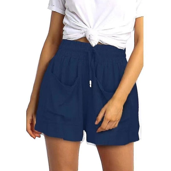 Løse shorts til kvinder med snørebånd i Solid Dame Summer Vacation Beach Baggy Short Pantsa-9 mørkeblå M