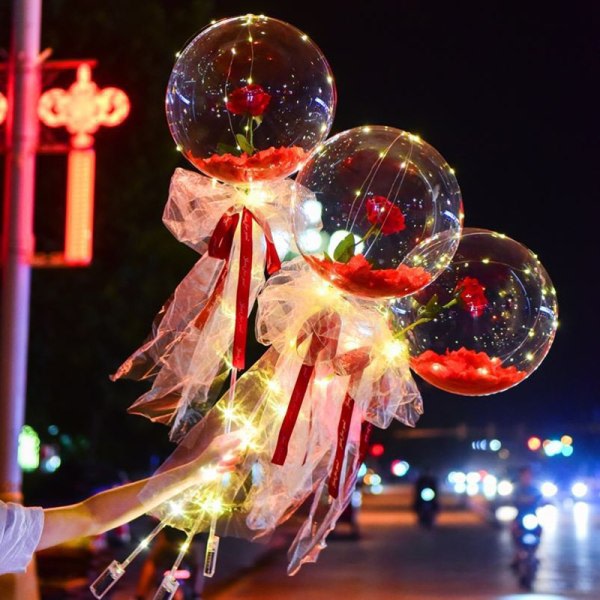 Lysande Ballong Rose Bukett Led Light Up Bobo Ball Med Rose 20 Inch Glow Bubble Ballonger Med String Lights Röda kronblad