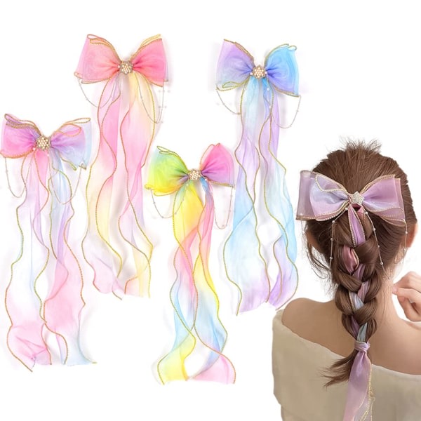 Farverig hårsløjfe med bånd, 4 stykker vævet sløjfe, regnbuebånd inkluderet