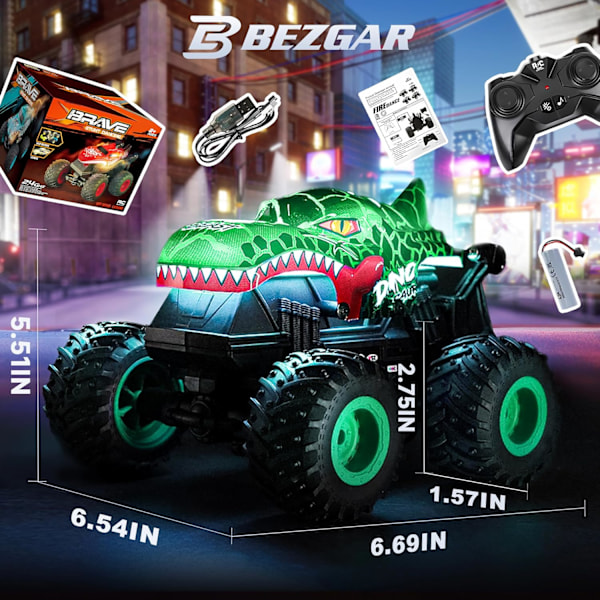Monster Truck Leker, 2.4GHz RC Monster Trucks for Gutter, 1:20 Dinosaur RC Biler med Lys og Musikk, Fjernstyrt Stuntbil, 360° Spinn, for Barn Green