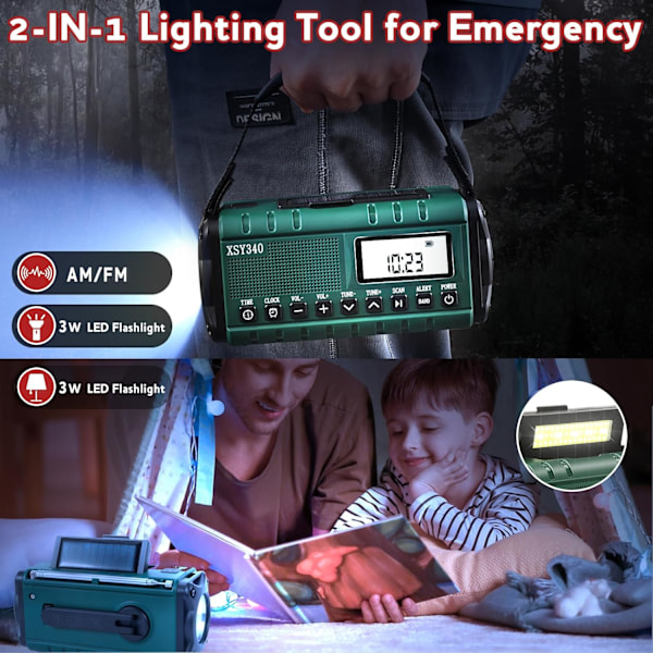 Nödradio, NOAA Vädervarning, Solhandvev AM/FM Radio för Överlevnad, 10000MAH Uppladdningsbart Batteridriven Radio, Klocka SOS Alarm & Ficklampa Green
