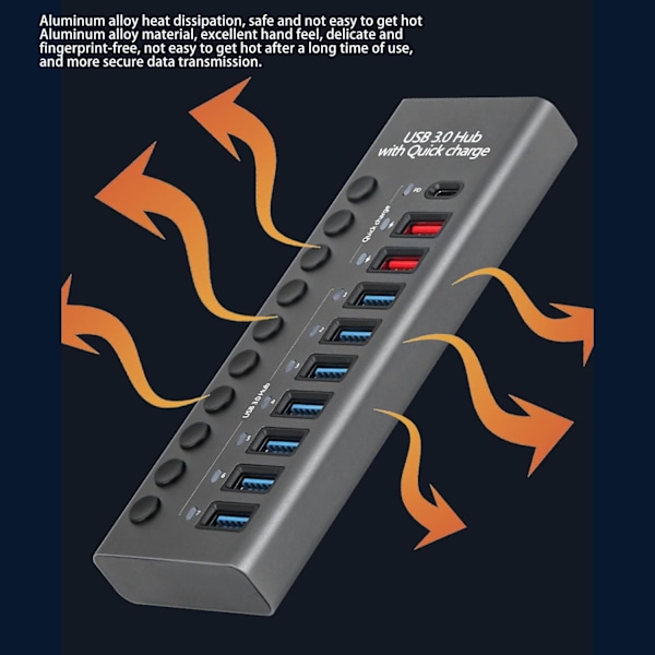 USB-hub 3.0, 7-porters USB-hub splitter med individuelle brytere, USB-splitter forlenger