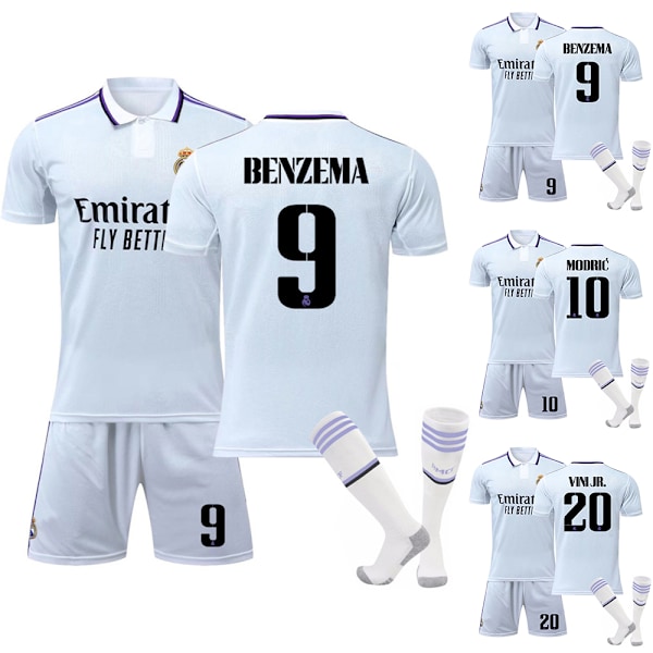 Real Madrid Hemma Benzema Fotbollströja Set Fotbollsträning BARN Pojkar Set Jerseyskjorta underdelar Topp 2022/2023 #10 #10 28