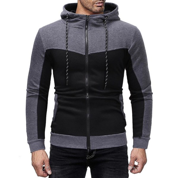 Mænd jakke Langærmet Sport Hooded Zipper Coat Overtøj Mørkegrå 3XL