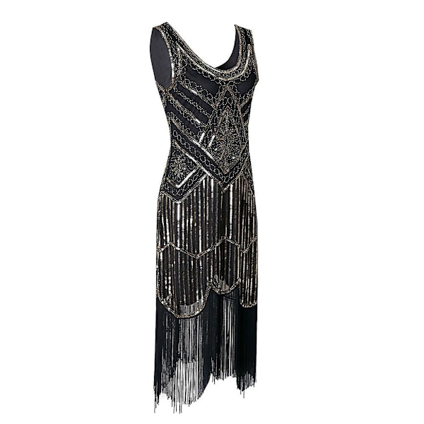 1920'er flapper kjole til kvinder Lang frynset Great Gatsby kostume kjole 20'er pailletter Perlebesat vintage L L Black Gold