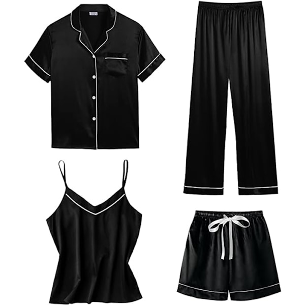 Dam 4-delars pyjamasset i siden satin nattkläder sexig pyjamas loungewear Svart Black M