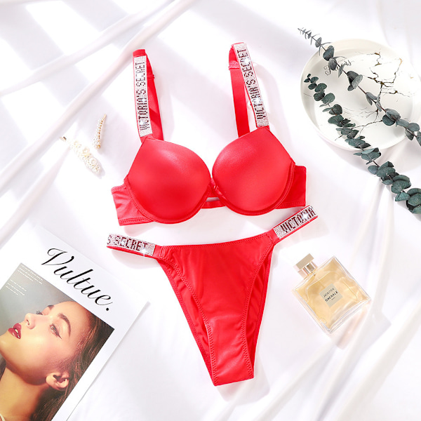 Sexiga underkläder Komfort Damset Push Up BH Victoria's Secret Underklädesset Kvinnliga Underkläder Vetement Femme Röd Red 80C
