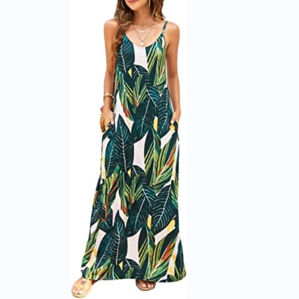 Naisten kesäinen rento kukkakuvioinen Bohemian Spaghetti Strap kukkakuvioinen pitkä maxi-mekko taskuilla -----Vihreä lehti (koko XL)