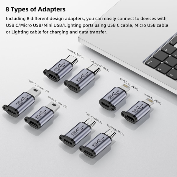 USB C till Micro USB-adapter, Typ C/Micro USB hona till Lightning hane-konverterare, Micro USB till USB C-förlängare (8-pack)