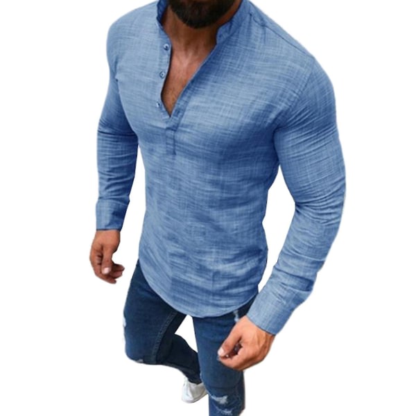 Top V-pääntie paita miehille pitkähihainen Henley Shirt Sininen 3XL