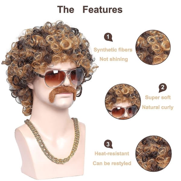 Kedja, mustasch och kort lockig peruk för 70-talets discofest, brun med blond (3 delar set)