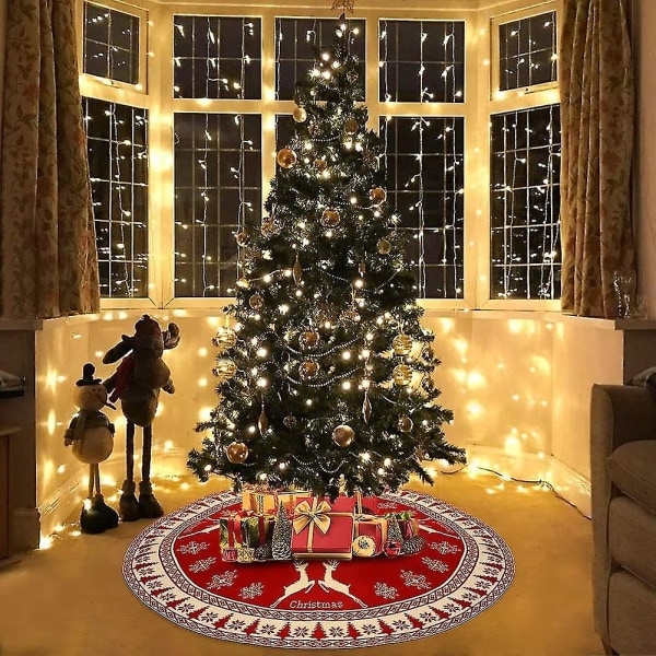 Juletræsnederdel, 48 tommer stor rustik snefnug rensdyr juletræsnederdel, rød strikket juletræsnederdel julepynt, til indoo