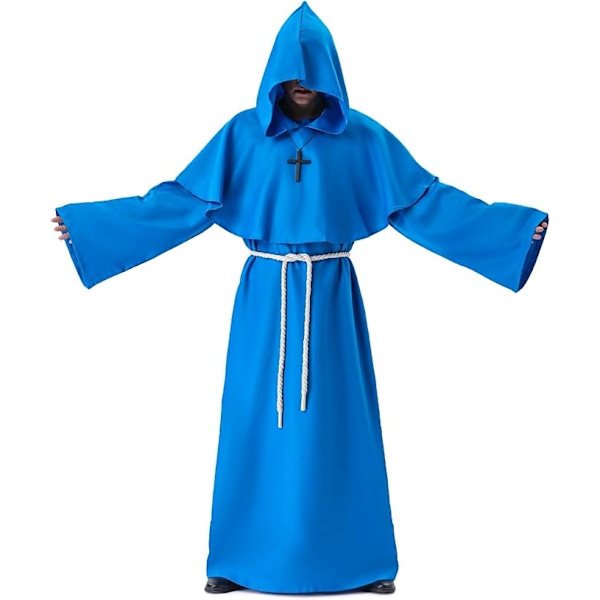 Munk kostume, middelalderligt klostermunk med hætte, renæssance præst, kappe, kostume, Halloween og kostume blue S