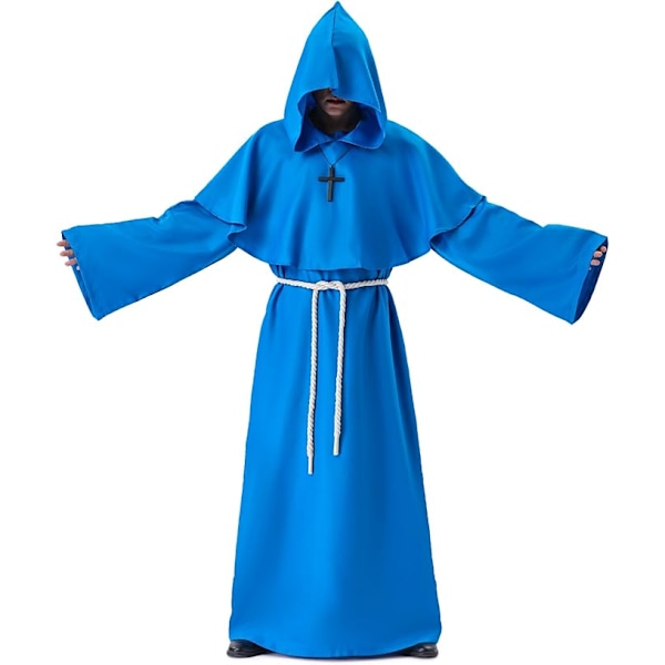 Munkdräkt, medeltida klostermunk med huva, renässanspräst, kappa, dräkt, Halloween och kostym blue S
