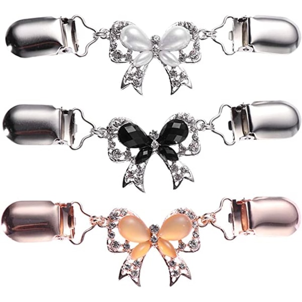 3 stk Genserkjede Creative Crystal Bowknot Genserklemmer Cardiganklips for kjoleklær (hvit, svart og rosa gull)