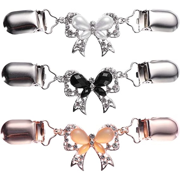 3st tröjakedja Creative Crystal Bowknot tröjaklämmor Cardiganklämma för klänningskläder (vitt, svart och roséguld)