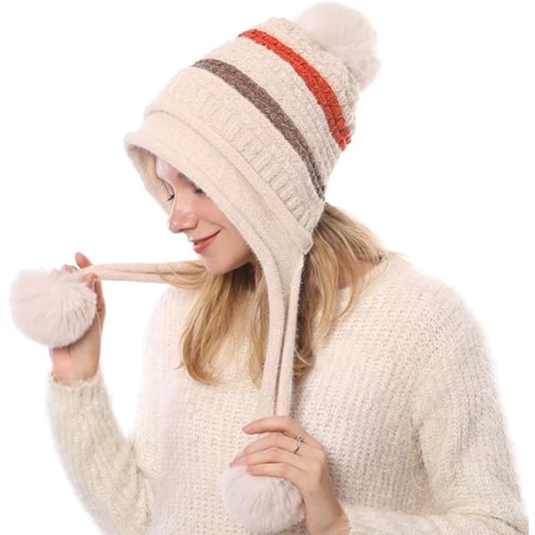 Stickad mössa med Pom Pom öronlapp vinter för kvinder