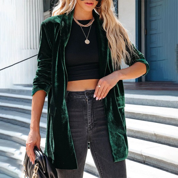 Långärmade enkla ytterkläder för kvinnor med fickor Cardigan Blackish Green XL