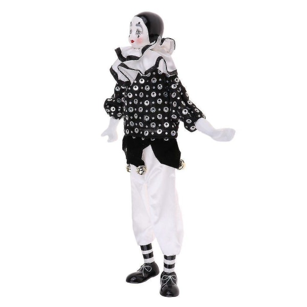 15-tommer porcelænsclowndukke klædt i hvid og sort outfit, sjov harlekindukke, cirkus pro