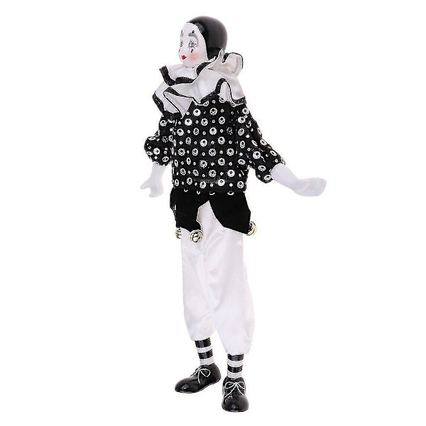 15-tums porslinsclown docka klädd i vit och svart outfit, rolig harlekin docka, cirkus pro