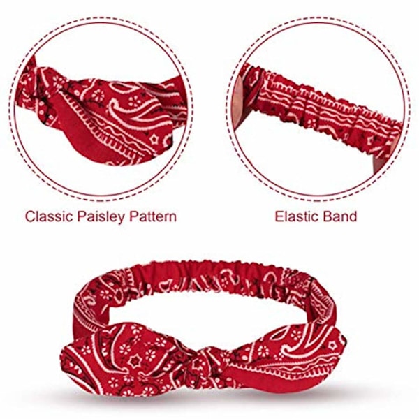 6-pakks elastiske paisley-bandana-knyttede pannebånd med kaninører