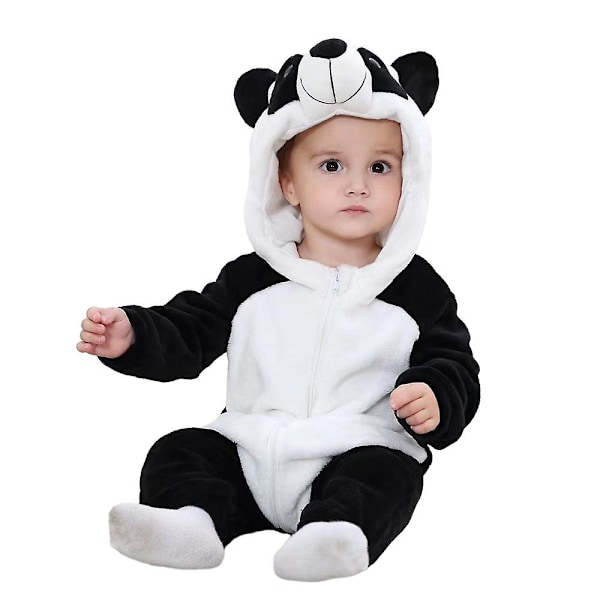 Baby Pojke Flicka Barn Tecknad Djur Huva Romper Fleece Jumpsuit Body Vinter Varma Kläder i Ett Stycke Svart och Vit Black and White 12-18 Months