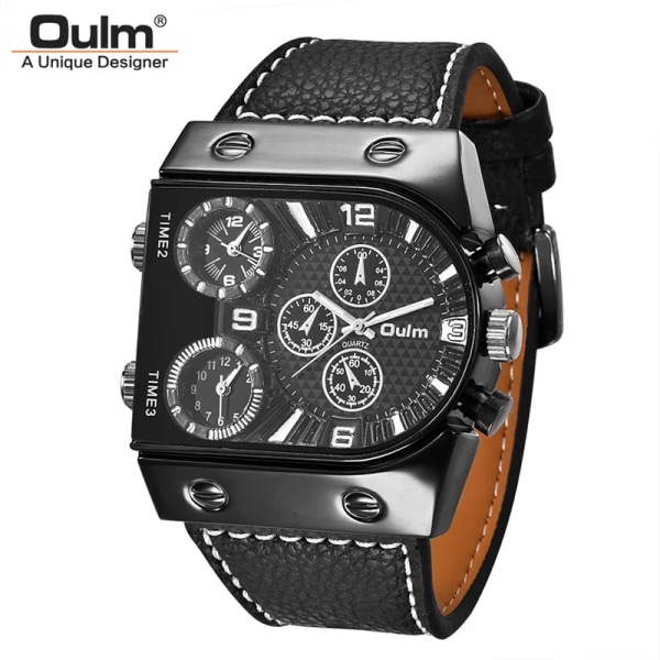 Oulm Herre Kvarts Casual Læderarmbånd Ur Sport Multi-Time Zone Militær Mand Ur C3(with box)