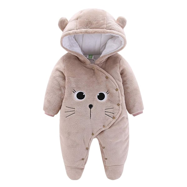 Baby Flanel Vinter Romper med Hætte og Fødder, Tegneserieprint, Khaki 0-3 Måneder[YD]