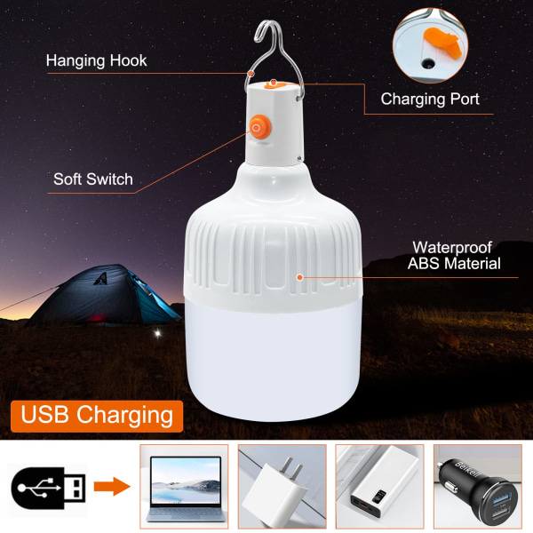 2 st USB-uppladdningsbar campinglampa för utomhusbruk