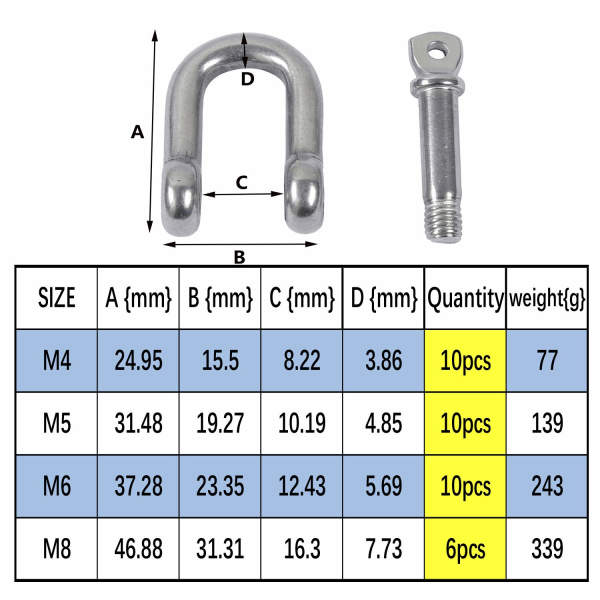 M8 D-Shackle 304 rostfritt stål D-Shackle Pin Spännare U-Shack