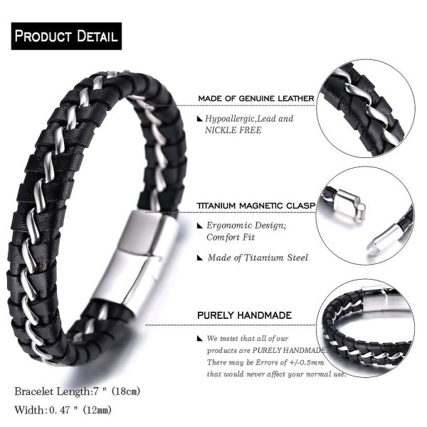 Barn pojkar armband i äkta läder svart. titan silver kedja magnetlås 7\"/18 cm
