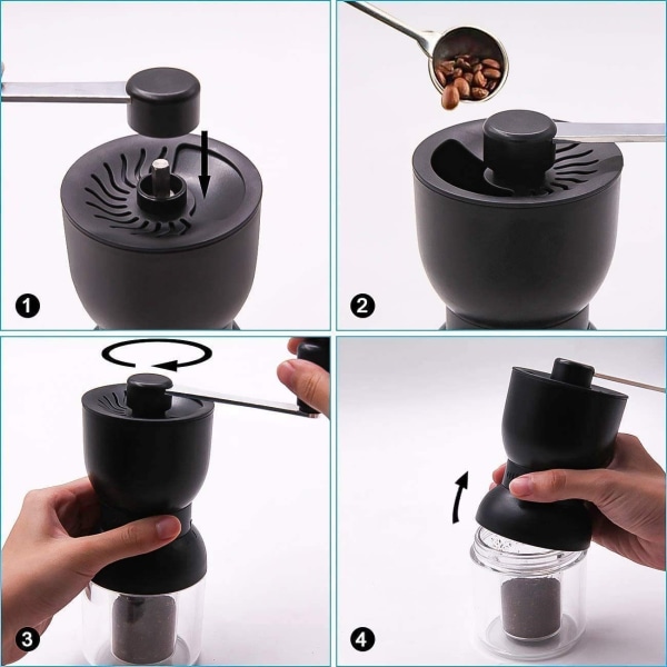 Manuell kaffekvern, 4 størrelser kan justeres, antihoppende bønner design, inkludert 1 oppsamlingsboks, svart