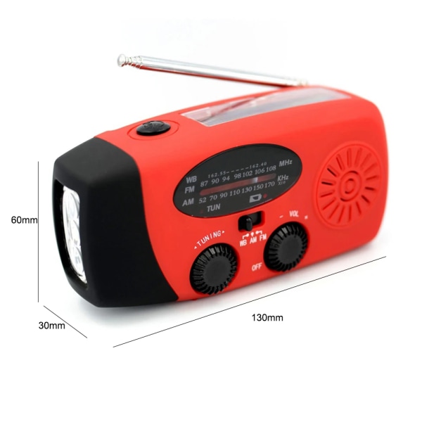 2000mAh vevradio med solceller, ficklampa och powerbank red