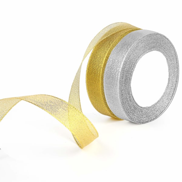 2 pakke 20 mm bredt sølvgullbånd Glitter Organza-bånd til juletre-juleinnpakningsbånd (gull og sølv)