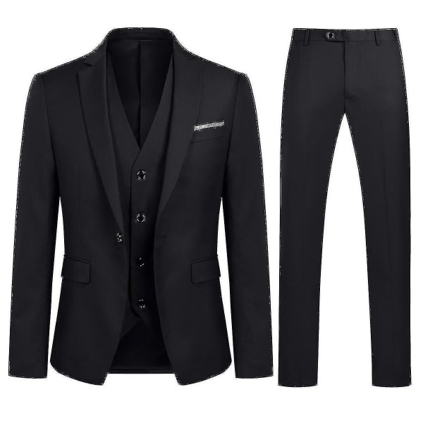 Herredragt Business Casual 3-delt jakkesæt Blazerbukser Vest 9 farver B Sort M