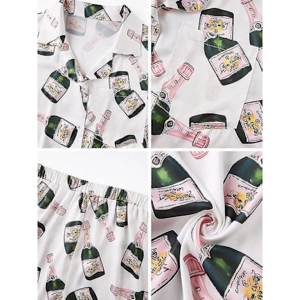 Champagne Flaskor Knapp Pyjamas Set Damer Tryckt Kortärmad 2 Delar Mjuk Ledig Nattkläder TA M