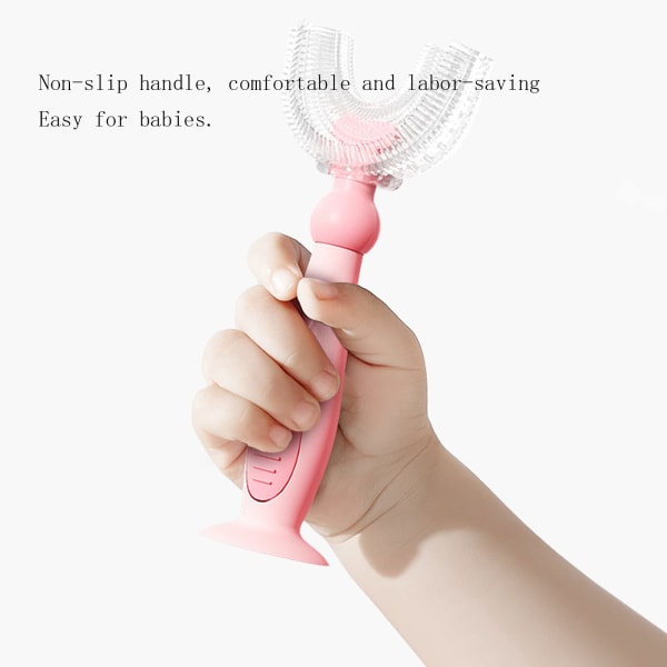 U-formad tandborste för barn, mjukt silikonborsthuvud av livsmedelskvalitet, 360° oral tandrengöringsdesign för småbarn (2-6Y, körsbärsblompulver)