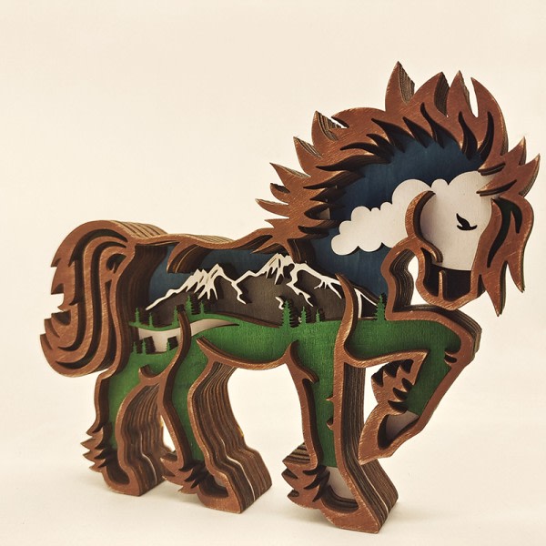 Creative Horse Ornament Trä Djur Flerlagers Carving Hantverk for Hem Vardagsrum Kontorsdekoration Häst och lampa