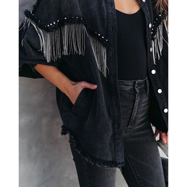 Afslappet denimjakke med frynser til kvinder Black Black Black XL
